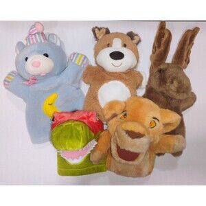 Plush 5 Puppet Lot Lion King Dinosaur Moose Bear Puppy Disney Aurora Preschool